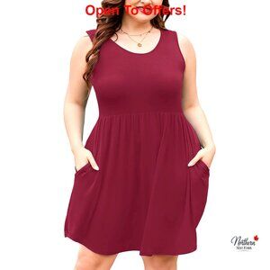 Rayon Spandex Sleeveless Crewneck Pleated Midi Dress with Pockets